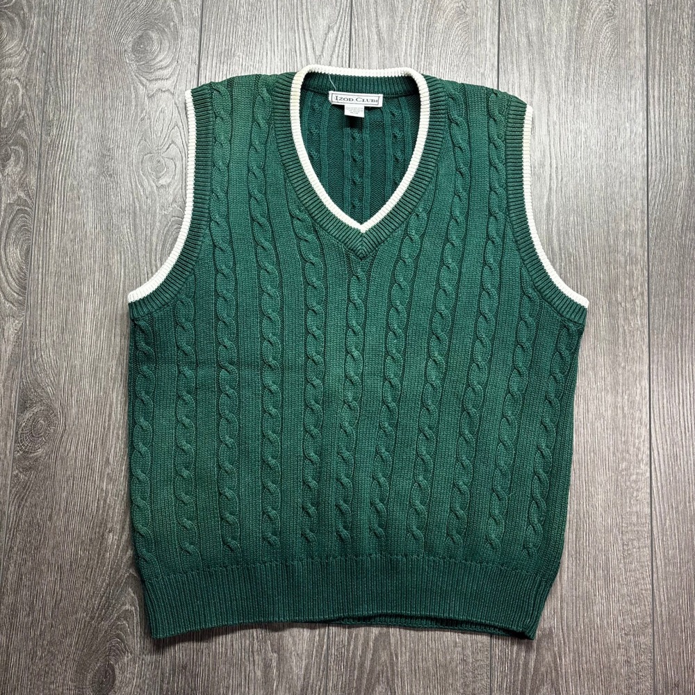 Vintage Izod Club Mens Medium Green Cable Knit V-Neck Sweater Vest Cotton Preppy